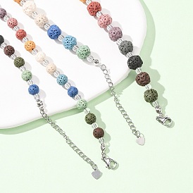 Collares redondos de cuentas de roca volcánica natural con forma de chakra, con cuentas de vidrio soplado y 304 cadenas de extremo de acero inoxidable, color acero inoxidable