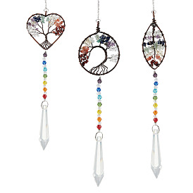 Nbeads 3Pcs 3 Style Tree of Life Gemstone Pendant Decorations, Chakra Theme Hanging Suncatcher, Mixed Shapes