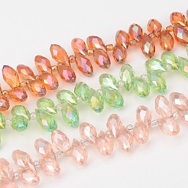 Electroplate Glass Beads Strands, Top Drilled Beads, Faceted Teardrop, 12x6mm, Hole: 1mm, about 100pcs/strand, 15.7 inch