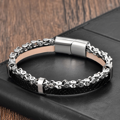 Black Braided mitation Leather & 316L Stainless Steel 2-Strand Bracelets with Magnetic Clasps for Men