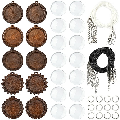 DIY Necklaces Makings Kits, including Schima Wood Carved Pendant Cabochon Settings, 304 Stainless Steel Jump Rings, Waxed Cotton Cord Necklace Making, Glass Cabochons
