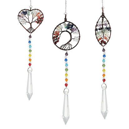 3Pcs 3 Style Tree of Life Gemstone Pendant Decorations, Chakra Theme Hanging Suncatcher, Mixed Shapes