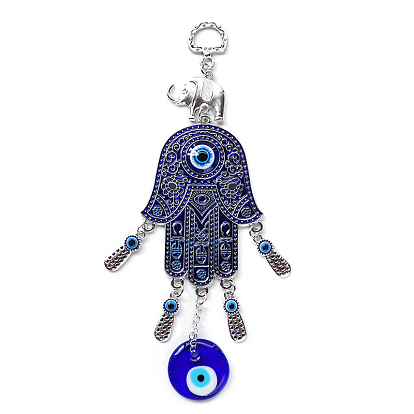 Main de hamsa turque/main de miriam avec décoration pendentif en alliage émail mauvais œil, Lien d'éléphant en alliage, décoration murale de voiture suspendue