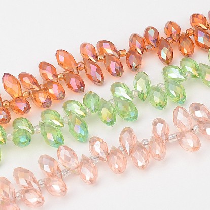 Electroplate Glass Beads Strands, Top Drilled Beads, Faceted Teardrop, 12x6mm, Hole: 1mm, about 100pcs/strand, 15.7 inch