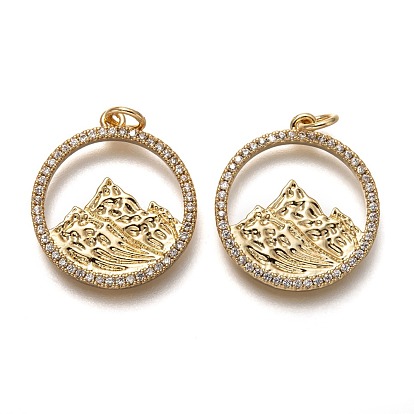 Brass Micro Pave Clear Cubic Zirconia Pendants, with Jump Rings, Long-Lasting Plated, Flat Round with Alps Mountain