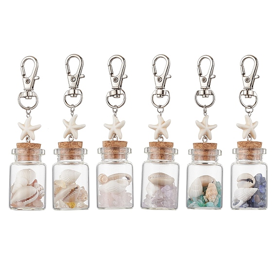 Бусины из натурального лазурита/аметиста/сердолика/цитрина/розового кварца/амазонита и ракушек внутри стеклянной бутылки желаний, подвеска, украшения, с синтетической бирюзовой морской звездой и застежками-лобстерами из сплава