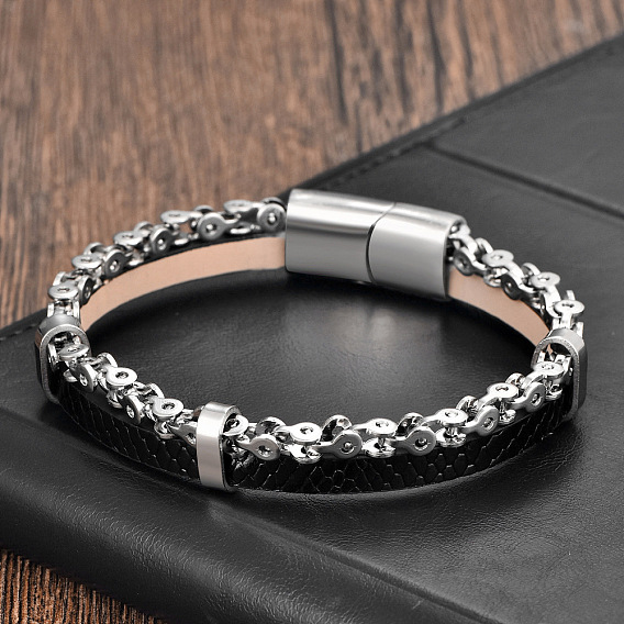 Pulseras de cuero sintético trenzado negro y acero inoxidable con cierres magnéticos para hombre.
