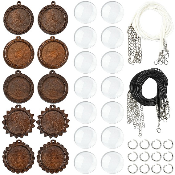 DIY Necklaces Makings Kits, including Schima Wood Carved Pendant Cabochon Settings, 304 Stainless Steel Jump Rings, Waxed Cotton Cord Necklace Making, Glass Cabochons