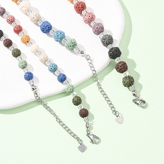 Chakra Natural Lava Rock Round Beaded Necklaces, with Lampwork Beads and 304 Stainless Steel End Chains, Stainless Steel Color