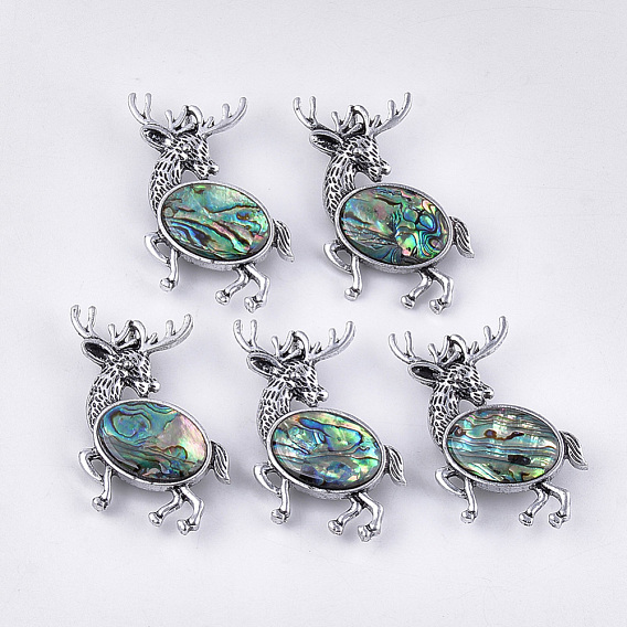 Abalone Shell/Paua Shell Brooches/Pendants, with Resin Bottom and Alloy Findings, Christmas Reindeer/Stag