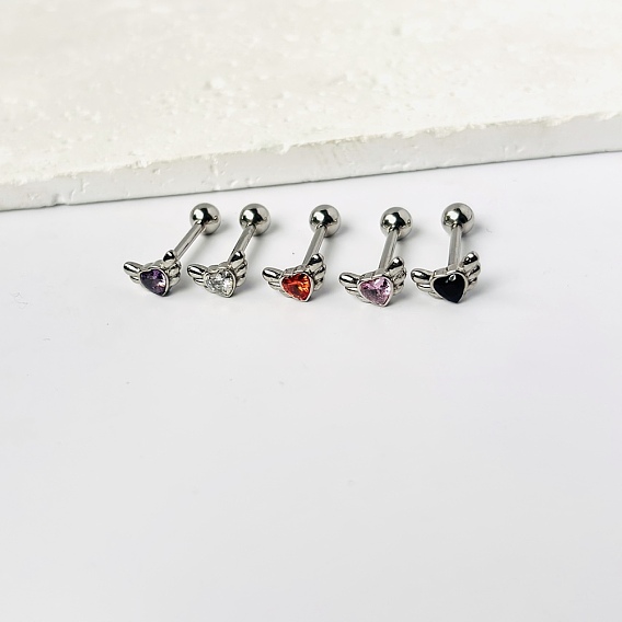 Сердце с крыльями ангела 316l хирургическая нержавеющая сталь, кольца для языка с инкрустацией кубическим цирконием, цвет нержавеющей стали