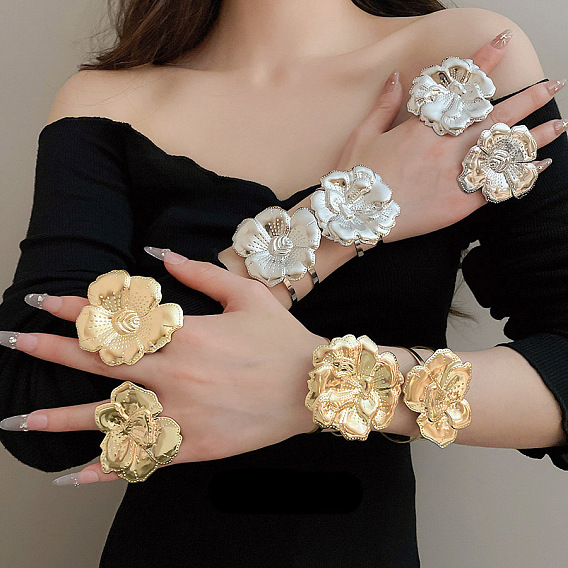 Ensemble bracelet et bague à manchette ouverte en fer pour femme, fleur