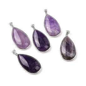 Natural Amethyst Big Pendants, Teardrop Charms, with Platinum Brass Findings, Cadmium Free & Lead Free