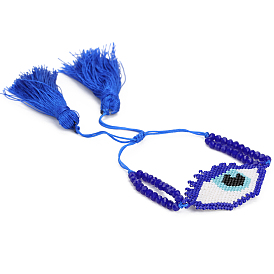 Miyuki Seed Braided Bead Bracelet with Double Tassel, Evil Eye Friendship Bracelet for Women