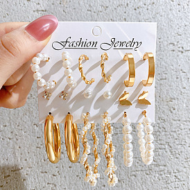 Chic 9-Piece Set of Gold C-Shaped Butterfly Earrings with Pearl Wrap for Women - Elegant and Luxurious