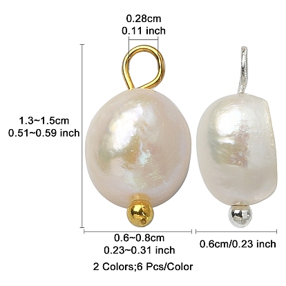 12Pcs 2 Colors Natural Pearl Potato Charms, with Brass Loops