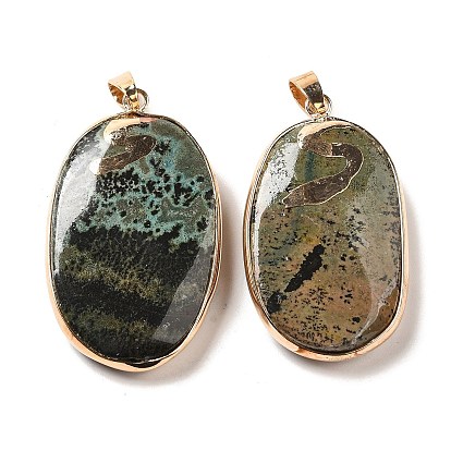 Natural Brazil Turquoise Pendants, Golden Plated Brass Oval Charms with Iron Snap on Bails
