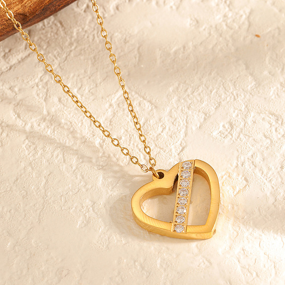 304 Stainless Steel Pave Cubic Zirconia Pendant Necklaces for Women, Maple Leaf Heart, Golden