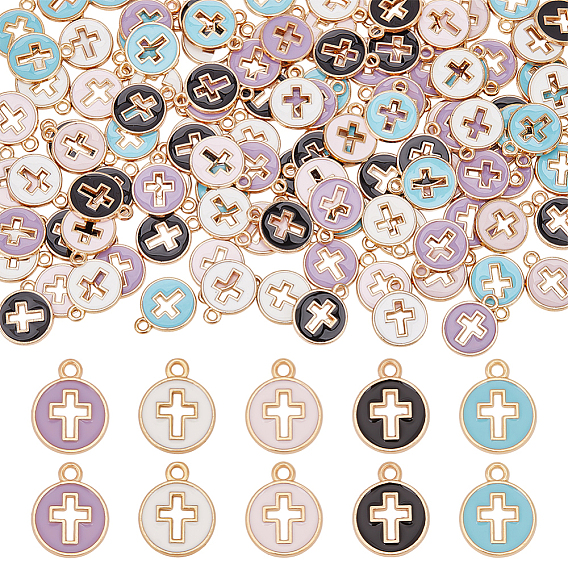 120 шт 5 цвета позолоченные подвески из сплава с эмалью, плоские круглые с крестом