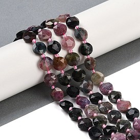 Natural Colorful Tourmaline Beads Strands, Faceted Pentagonal Cut, Flat Round, with Seed Beads