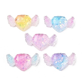 Transparent Resin Decoden Cabochons, Glitter Heart with Wings