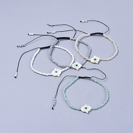 Регулируемые нейлоновые нити плетеные браслеты из бисера, со стеклянными бусинами и пресноводными ракушками, hamsa рука / рука fatima / рука miriam со сглазом