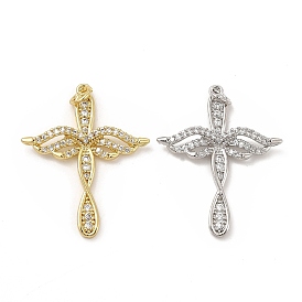 Brass Micro Pave Cubic Zirconia Pendants, with Jump Ring, Religion Cross with Wing Charm