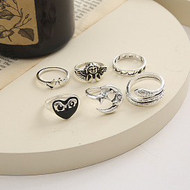 Chic Retro Snake Angel Heart Moon Ring Set - 6 Pieces of Minimalist Jewelry for Women