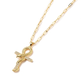 Brass Micro Pave Clear Cubic Zirconia Pendants Necklaces, with 304 Stainless Steel Lobster Claw Clasps, Snake Wrapped Around Ankh Cross