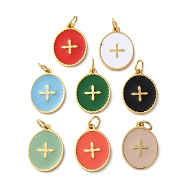 Ионное покрытие (ip) 304 брелоки из нержавеющей стали, с эмалью с перемычкой, реальный 18 k позолоченный, овал с подвеской в виде креста
