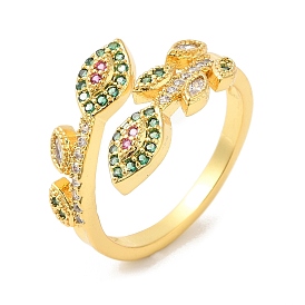 Colorful Cubic Zirconia Leaf Cuff Ring, Brass Jewelry for Women