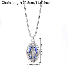 Religion Alloy Enamel Oval with Virgin Pendant Necklaces, Platinum