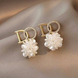Acrylic Dangle Earrings, Alloy Rhinestone Earrings for Women, 925 Sterling Silver Pins, Flower with Letter
