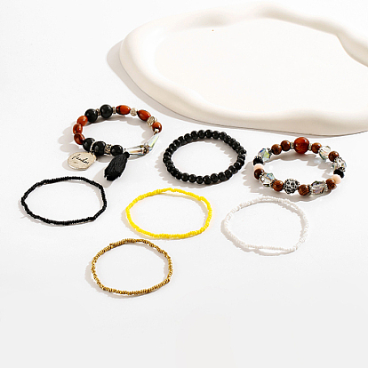 7Pcs 7 Style Stackable Bracelet Sets, Glass Seed Beaded Stretch Bracelets, with Alloy Lion Owl