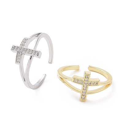 Brass Micro Pave Cubic Zirconia Rings, Open Cuff Ring, Religion Cross Ring for Women