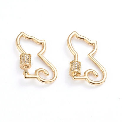 Brass Micro Pave Clear Cubic Zirconia Screw Carabiner Lock Charms, for Necklaces Making, Cat Shape