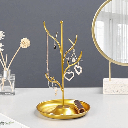 Iron Jewelry Display Stand with Tray, Tree Display Holder, for Rings, Earrings, Bracelets Storage