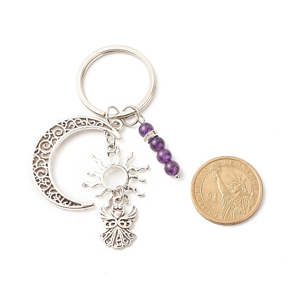 PandaWhole Tibetan Style Sun & Moon & Angel Alloy Keychains, with Gemstone Beads, Brass Crystal Rhinestone Beads, Iron Key Ring Mixed Stone