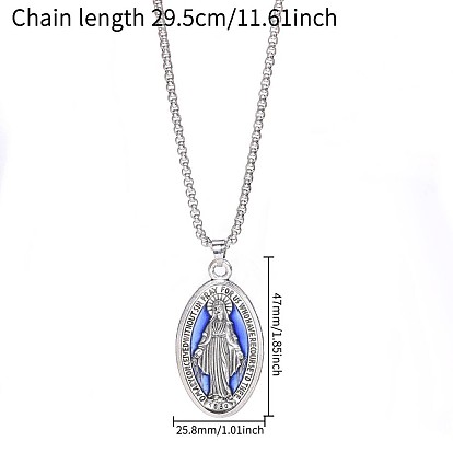 Religion Alloy Enamel Oval with Virgin Pendant Necklaces, Platinum