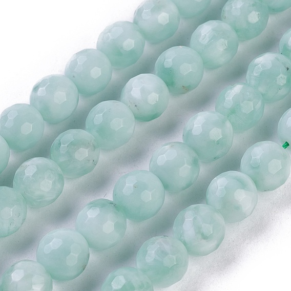 Natural Glass Beads Strands, Aqua Blue, Faceted, Round