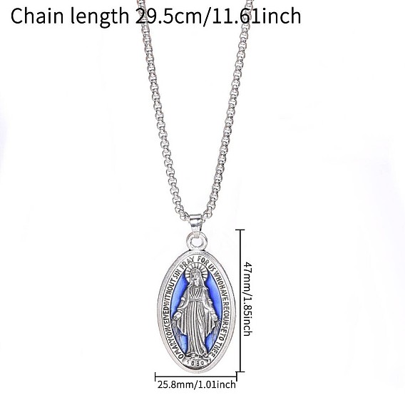 Religion Alloy Enamel Oval with Virgin Pendant Necklaces, Platinum