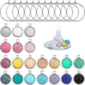 Наборы для изготовления шармов для бокалов своими руками, включая плоские круглые подвески из смолы и 316 кольца из хирургической нержавеющей стали