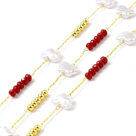 Handmade Eco-friendly Brass Cable Chain, with Glass & CCB Butterfly & Round Beaded, Long-Lasting Plated, Golden, Soldered, with Spool