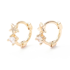Star Cubic Zirconia Huggie Hoop Earrings, Rack Plating Brass Hinged Earrings for Women, Cadmium Free & Lead Free