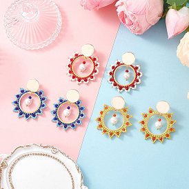 3 Pairs Brass Glass Sun Stud Earrings, with Shell Pearl, Golden