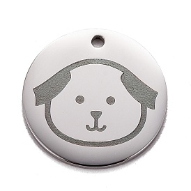 Pendentifs en acier inoxydable, polissage manuel, plat rond avec un chien