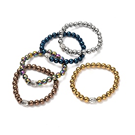 Synthetic Hematite Bracelet for Men Women, Alloy Buddha Head Stretch Bracelet