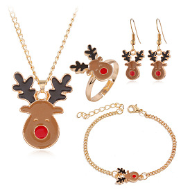 Cartoon Fashion Christmas Deer Jewelry Set - Exquisite Pendant, Earrings, Ring, Necklace and Bracelet Combo