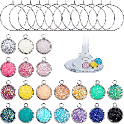 Наборы для изготовления шармов для бокалов своими руками, включая плоские круглые подвески из смолы и 316 кольца из хирургической нержавеющей стали