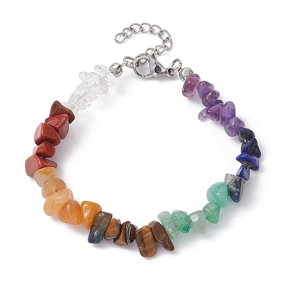 Chakra Natural Gemstone Chips Beaded Bracelets for Women, with Alloy Clasps